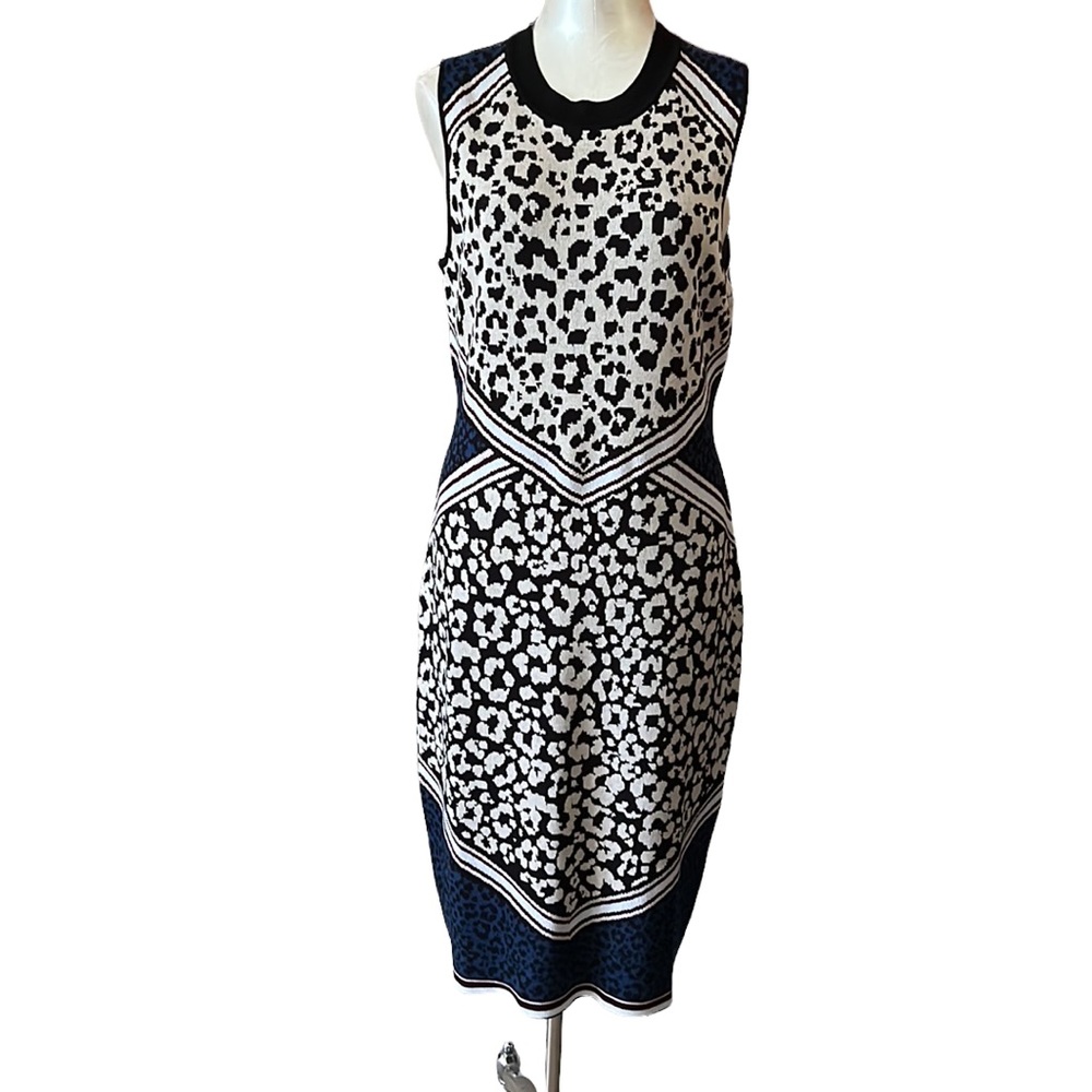 Vince Camuto Leopard Print Colorblock Sheath Dress Large Stretch Sweater Knit